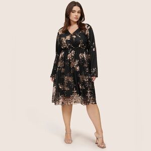 BloomChic Floral Sequin Elastic Waist Mesh Wrap Dress Size 12 Black and Gold